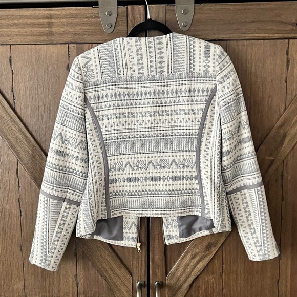 H&M Gray/Blue Cotton Blend Jacquard Full Zip Moto Jacket Blazer Size 10 EUC - Picture 5 of 6